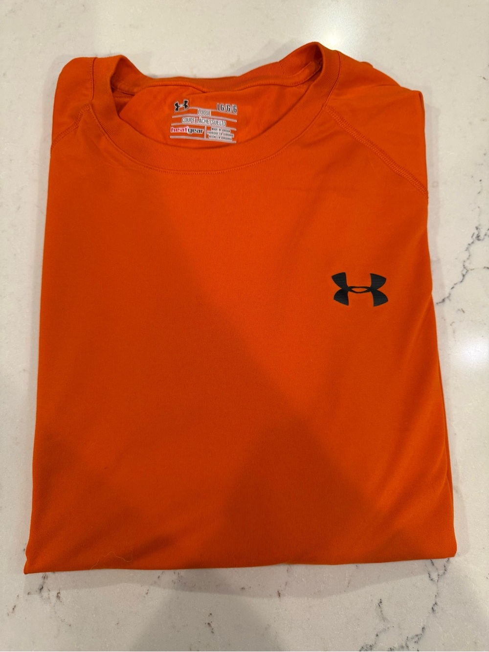 LG Men's Bright Orange Short Sleeve Athletic Tee with Black Logo large